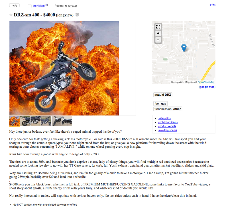 Illustration for article titled Buy This Craigslist Suzuki Supermoto Because It's A Great Bike And A Better Ad